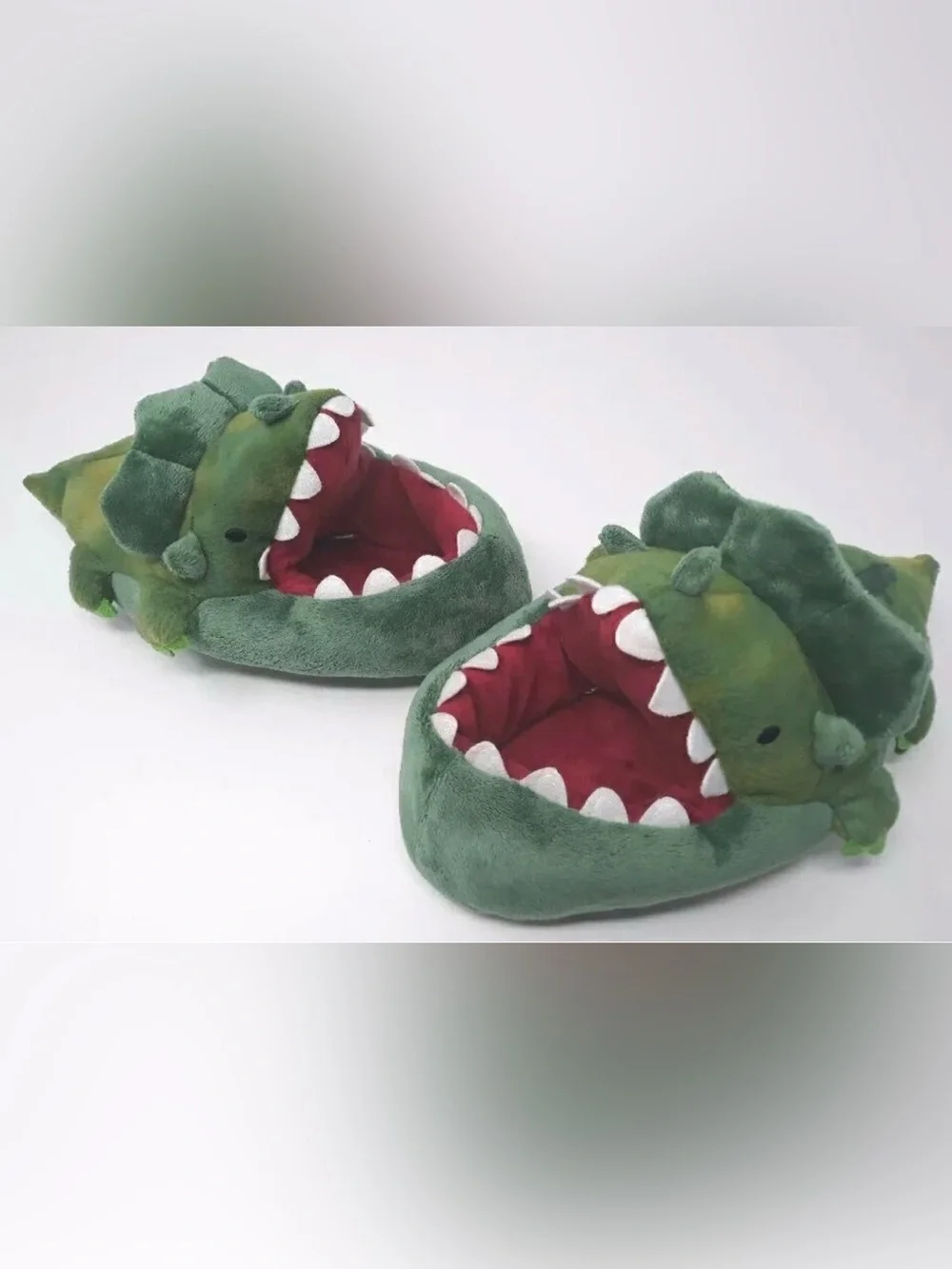 Cat & Jack Green Plush Crocodile Slippers with Red Lining